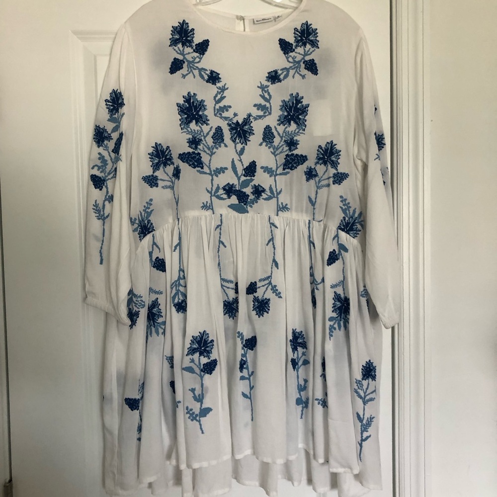 Hermoza White Baby Doll Dress with Blue Cross Stitch Embroidery